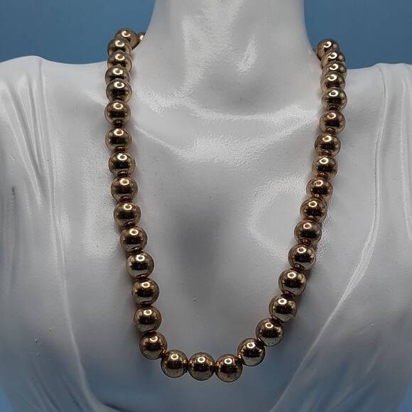 Vintage Gold Tone Metal Beaded Choker Necklace, Strung on Chain, 16 Inches - Picture 4 of 11